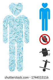 Linear collage lover man icon united from straight items in variable sizes and color hues. Linear items are arranged into abstract vector illustration lover man icon. Bonus icons are placed.