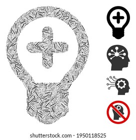 Linear collage medical bulb icon united from straight elements in variable sizes and color hues. Linear elements are united into abstract vector collage medical bulb icon. Bonus pictograms are added.