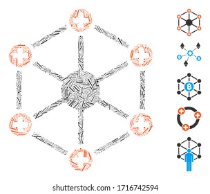 Linear collage medical network icon united from thin elements in various sizes and color hues. Vector linear elements are composed into abstract collage medical network icon.