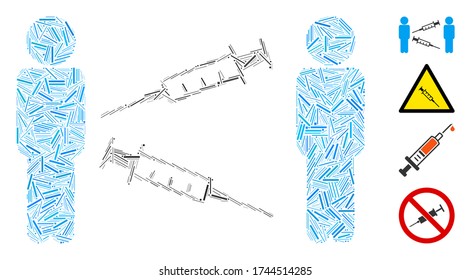 Linear collage men syringe exchange icon composed of thin items in different sizes and color hues. Lines items are combined into abstract vector collage men syringe exchange icon.