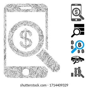 Linear collage mobile audit icon designed from thin items in different sizes and color hues. Vector linear items are arranged into abstract illustration mobile audit icon. Bonus pictograms are placed.