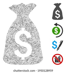 Linear collage money bag icon composed of thin elements in various sizes and color hues. Linear items are arranged into abstract vector collage money bag icon. Bonus pictograms are placed.