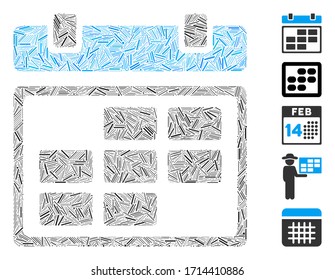 Linear collage month calendar icon composed of thin elements in different sizes and color hues. Vector linear elements are arranged into abstract collage month calendar icon. Bonus icons are added.