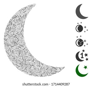 Linear collage moon icon composed of thin elements in variable sizes and color hues. Vector hatch elements are combined into abstract collage moon icon. Bonus icons are added.
