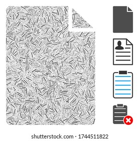 Linear collage new file icon constructed from thin elements in variable sizes and color hues. Linear items are grouped into abstract vector collage new file icon. Bonus pictograms are placed.