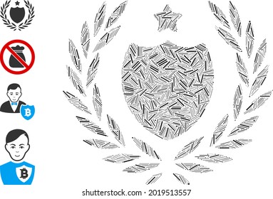 Linear collage official insurance shield icon united from straight items in different sizes and color hues. Linear items are arranged into abstract vector collage official insurance shield icon.