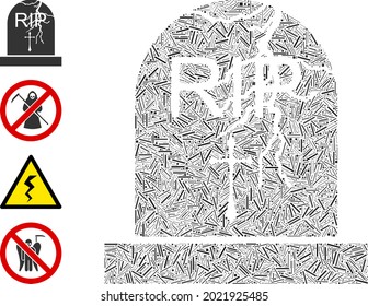 Linear collage old grave icon united from narrow elements in different sizes and color hues. Linear elements are grouped into abstract vector collage old grave icon. Bonus icons are placed.