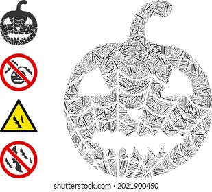 Linear collage old halloween pumpkin icon constructed from thin elements in variable sizes and color hues. Linear parts are grouped into abstract vector collage old halloween pumpkin icon.