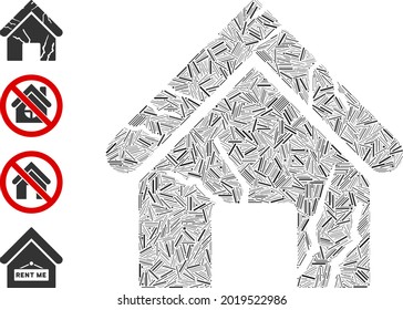 Linear collage old home icon united from thin items in variable sizes and color hues. Linear elements are grouped into abstract vector collage old home icon. Bonus icons are placed.