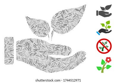 Linear collage organic supplement hand icon composed of straight items in different sizes and color hues. Line items are composed into abstract vector illustration organic supplement hand icon.