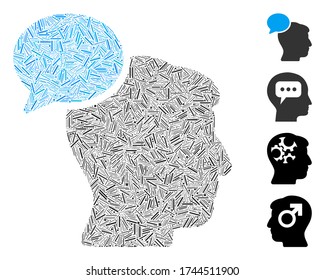 Icono de la idea de persona de collage lineal diseñado a partir de elementos estrechos en diferentes tamaños y tonos de color. Los elementos lineales se unen en un icono de idea abstracta de persona de collage vectorial. Se agregan iconos de bonificación.