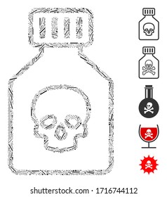 Linear collage poison phial icon composed of narrow items in random sizes and color hues. Vector linear items are composed into abstract illustration poison phial icon. Bonus icons are added.