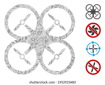 Linear collage quadcopter icon composed of thin elements in random sizes and color hues. Lines elements are composed into abstract vector composition quadcopter icon. Bonus icons are added.