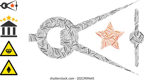 Icono de inspección de calidad de collage lineal diseñado a partir de elementos finos en tamaños aleatorios y tonos de color. Los elementos lineales se organizan en un icono abstracto de inspección de calidad de composición vectorial.