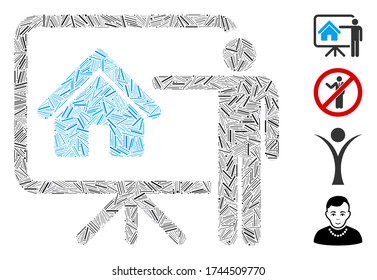 Linear collage realtor presentation board icon united from narrow elements in variable sizes and color hues. Lines elements are united into abstract vector composition realtor presentation board icon.
