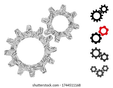 Icono de reducción lineal de los engranajes de color unido a partir de elementos rectos en varios tamaños y tonos de color. Los elementos de rayado irregular se unen en el icono de reducción de ilustraciones vectoriales abstractas.