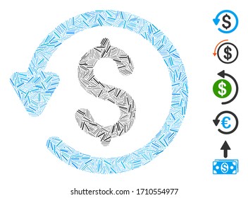 Linear collage refund icon united from narrow elements in random sizes and color hues. Vector linear elements are grouped into abstract collage refund icon. Bonus pictograms are added.