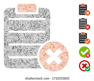 Lineare Collage lehnen das aus dünnen Elementen in verschiedenen Größen und Farbtönen vereinte Formularsymbol ab. Lineare Elemente der Vektorillustration werden in abstrakte Collage Ablehnen Formular Symbol organisiert. Bonussymbole werden platziert.