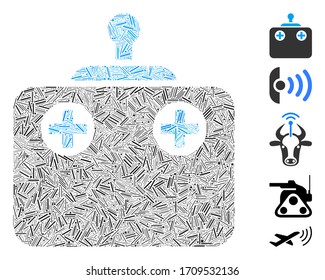 Linear collage remote control icon designed from straight elements in various sizes and color hues. Vector hatch elements are grouped into abstract collage remote control icon.