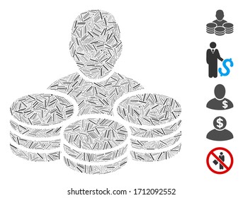 Linear collage rich man icon organized from thin items in random sizes and color hues. Vector linear items are combined into abstract mosaic rich man icon. Bonus pictograms are added.
