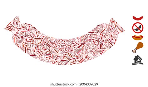 Linear collage sausage icon constructed from thin elements in various sizes and color hues. Vector linear items are united into abstract collage sausage icon. Bonus icons are added.