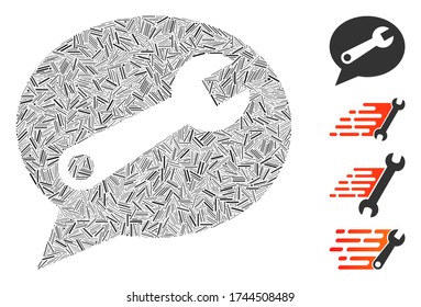 Linear collage service message icon united from narrow items in various sizes and color hues. Irregular hatch items are arranged into abstract vector collage service message icon.