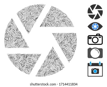Linear collage shutter icon organized from narrow items in variable sizes and color hues. Vector line items are organized into abstract collage shutter icon. Bonus pictograms are added.