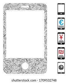 Lineare Collage Smartphone-Ikone, die aus geraden Elementen in verschiedenen Größen und Farbtönen hergestellt wurde. Lineare Elemente der Vektorillustration werden in abstraktes Mosaik-Smartphone-Symbol gruppiert. Bonuspiktogramme werden hinzugefügt.