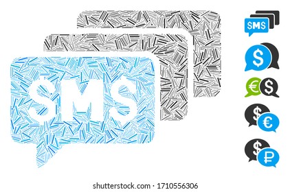 Icono de mensajes SMS de collage lineal unidos desde elementos rectos en tamaños variables y tonos de color. Los elementos de línea de vectores se organizan en un icono abstracto de mensajes SMS de collage. Se colocan pictogramas bonificados.