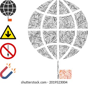 Linear collage south pole icon united from thin items in random sizes and color hues. Linear items are arranged into abstract vector collage south pole icon. Bonus icons are placed.