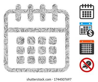 Linear collage spiral calendar icon united from narrow elements in different sizes and color hues. Line elements are united into abstract vector illustration spiral calendar icon.