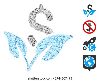 Icono de brote de inicio de collage lineal unido desde elementos finos en tamaños aleatorios y tonos de color. Los elementos lineales se unen en un icono abstracto de brote de inicio de mosaico vectorial. Se agregan iconos de bonificación.