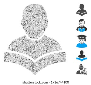 Linear collage student icon united from thin elements in different sizes and color hues. Vector linear items are organized into abstract collage student icon. Bonus pictograms are added.