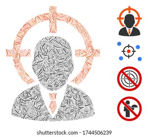 Linear collage target man icon united from narrow elements in variable sizes and color hues. Line items are united into abstract vector collage target man icon. Bonus pictograms are placed.