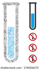 Linear collage test tube icon united from narrow items in variable sizes and color hues. Lines items are organized into abstract vector collage test tube icon. Bonus pictograms are added.