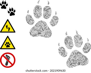 Linear collage tiger footprints icon designed from narrow items in random sizes and color hues. Lines items are arranged into abstract vector collage tiger footprints icon. Bonus icons are placed.