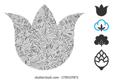 Linear collage tulip flower icon organized from thin elements in variable sizes and color hues. Linear elements are united into abstract vector collage tulip flower icon. Bonus pictograms are placed.