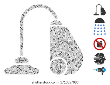 Linear collage vacuum cleaner icon organized from narrow elements in various sizes and color hues. Vector linear parts are organized into abstract collage vacuum cleaner icon. Bonus icons are added.