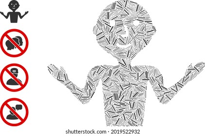 Linear collage young guru icon constructed from narrow elements in random sizes and color hues. Linear items are organized into abstract vector collage young guru icon. Bonus pictograms are added.