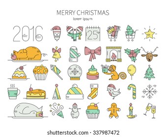 Linear collection of Christmas symbols. Set of thin line Christmas elements, vector illustration.