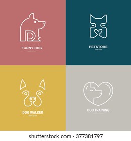 Linear collection of dog logos. Labels for veterinarian clinic, dog walkers, pet shop made in modern line style vector. Isolated logotype design for your business.