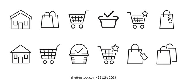 Linear collection of ecommerce icons showing house building paper bags shopping carts and baskets with checkmarks for modern clean digital interface design.