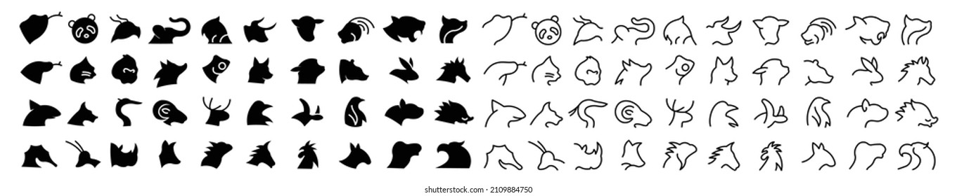 Linear collection of head Animal icons,head Animal icons set.