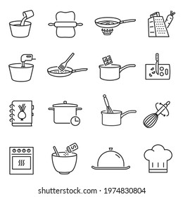 Linear collection of simple cooking icon vector illustration. Monochrome logo of food preparing process with dishes and household appliances isolated. Outline eating meal at restaurant, cafe, home