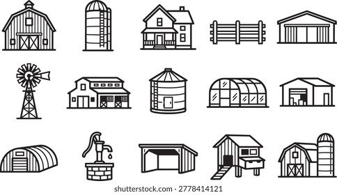 Linear collection of various rural structures and storage buildings including barn silo farmhouse fence garage windmill shed greenhouse warehouse well and chicken coop for architectural design concepts.