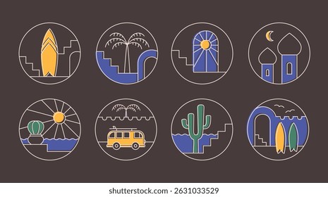 Linear color abstract surf badges. Minimalist summer camp vibe, sun, sand, moroccan village.