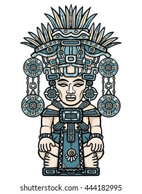 Linear color drawing: decorative image of an ancient deity. Motives of art of Indians Maya.  The isolated drawing on a white background. Vector illustration. Print, posters, t-shirt, textiles.