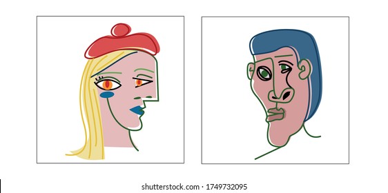 linear color graphics. faces of man and woman in picasso style. Toilet icons