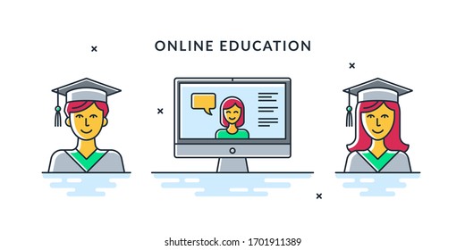 Linear color icons of female student and male student. Vector illustration of graduates in gowns and caps. A teacher or professor gives a lecture online. Distance education icon set. 