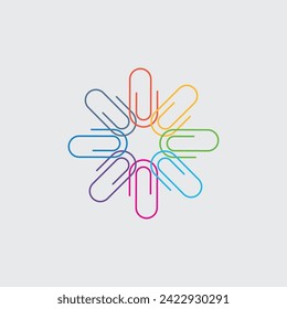 Linear color paper clips, school office paper tool in circle. Attachment icon. Stock vector illustration isolated